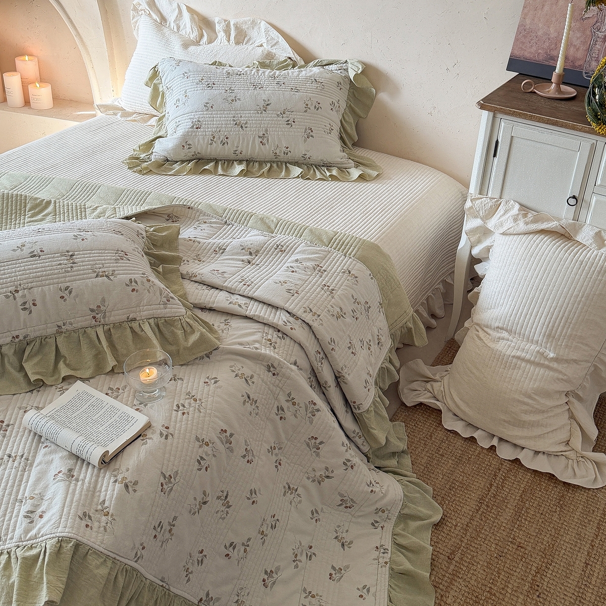 91家纺网 家纺一手货源 找家纺 （总）漫调家纺 2026春夏新品双面棉麻法式荷叶边高温水洗夏被可配夏被四件套床单床盖四件套（夏被四件套咨询微信）