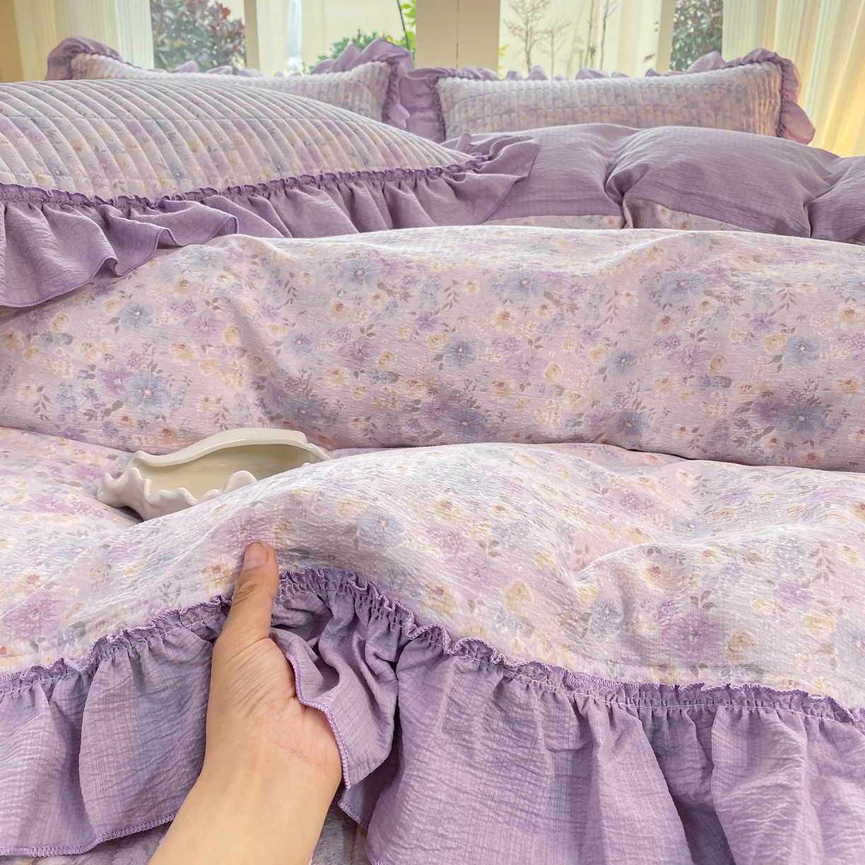 91家纺网 家纺一手货源 找家纺 （总）眠势力 2026新款韩版双层纱花边被套云感皱皱纱被罩带花边