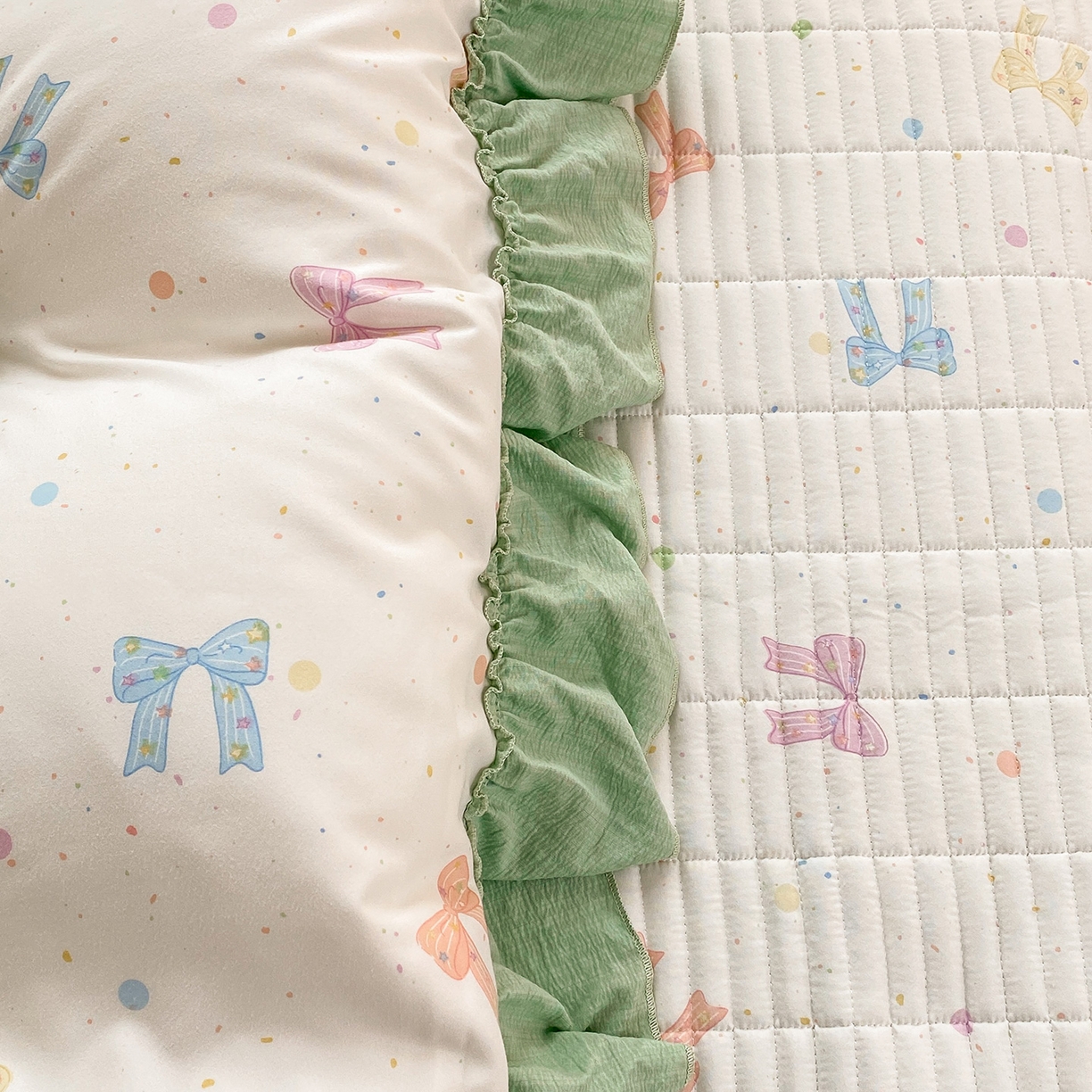 91家纺网 家纺一手货源 找家纺 眠势力 2026新款韩版双层纱花边被套云感皱皱纱被罩带花边 缤纷彩结