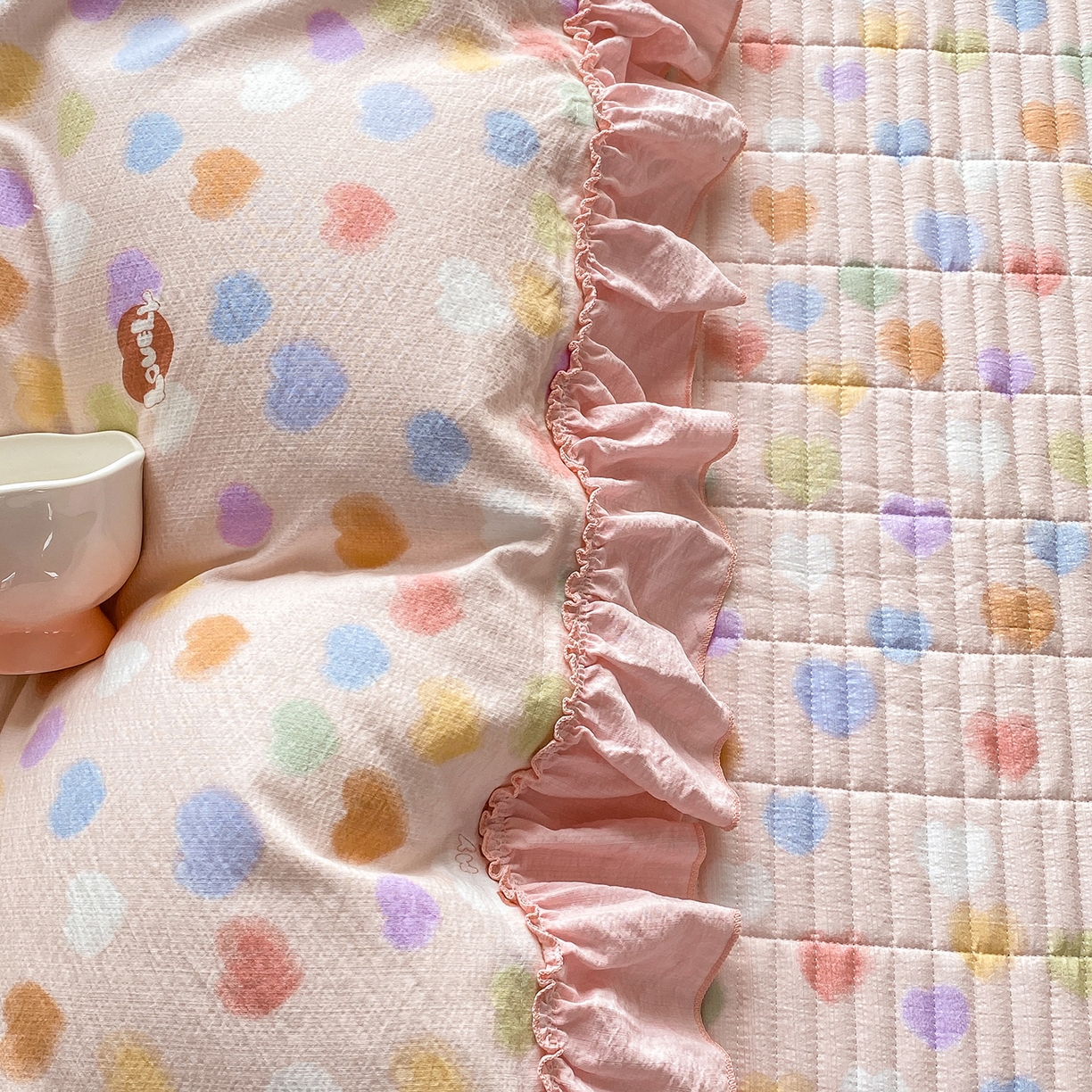 91家纺网 家纺一手货源 找家纺 眠势力 2026新款韩版双层纱花边被套云感皱皱纱被罩带花边 彩色心情