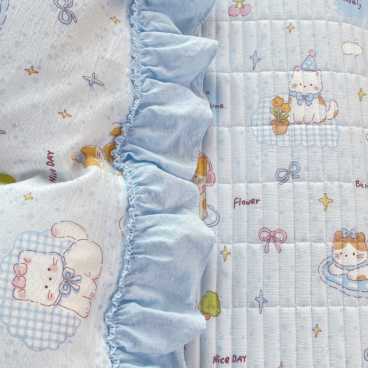 91家纺网 家纺一手货源 找家纺 眠势力 2026新款韩版双层纱花边被套云感皱皱纱被罩带花边 海盐奶猫