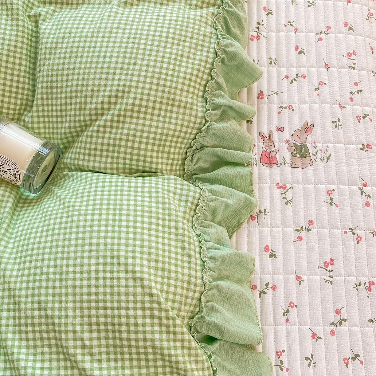 91家纺网 家纺一手货源 找家纺 眠势力 2026新款韩版双层纱花边被套云感皱皱纱被罩带花边 青樱兔语