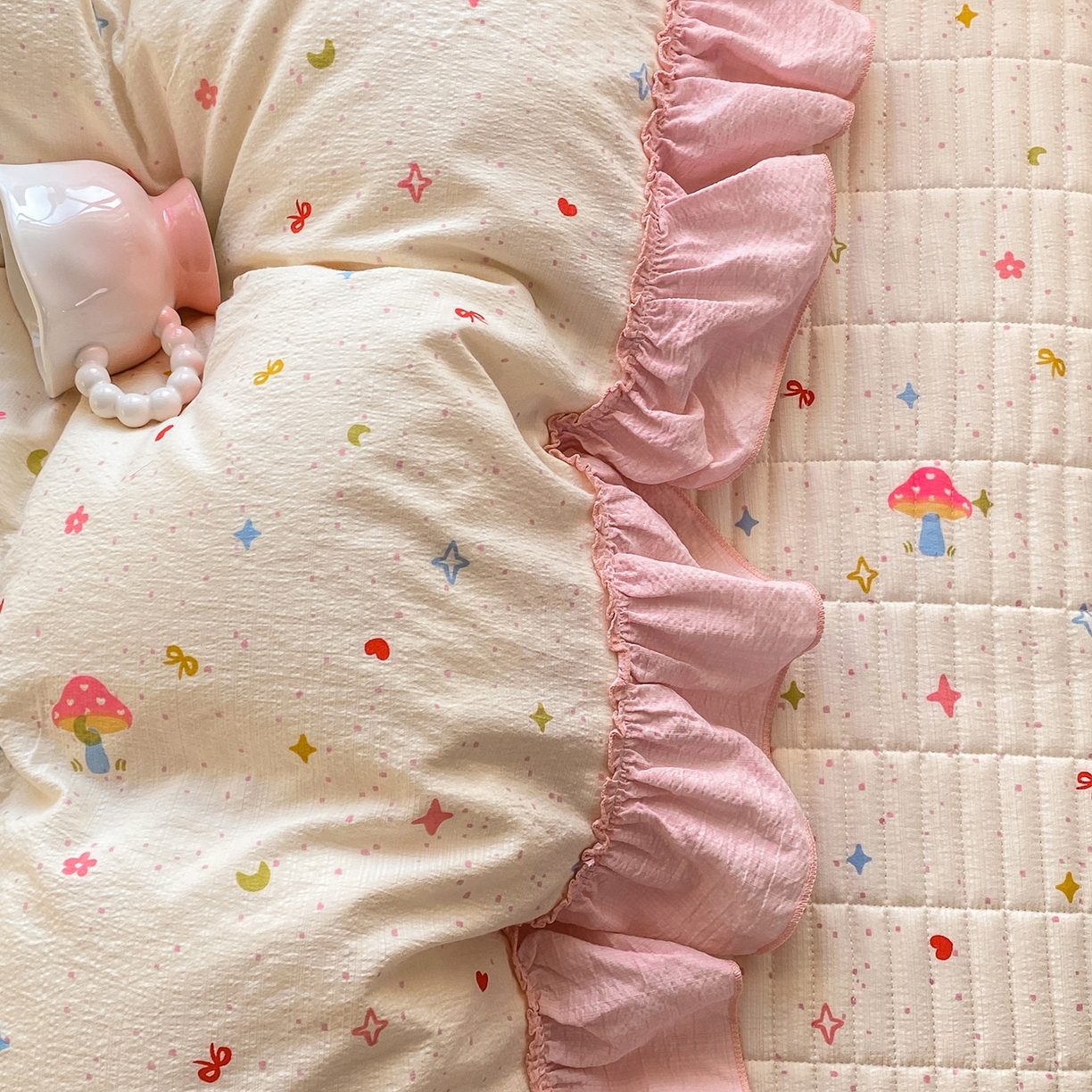 91家纺网 家纺一手货源 找家纺 眠势力 2026新款韩版双层纱花边被套云感皱皱纱被罩带花边 星梦甜心