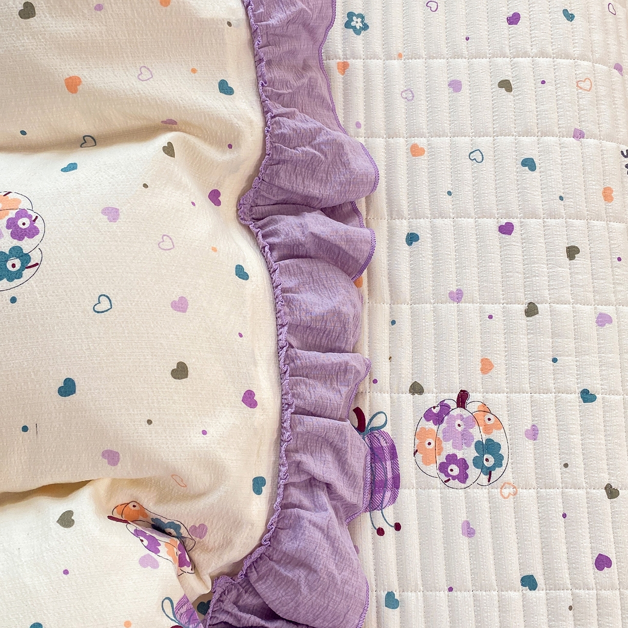 91家纺网 家纺一手货源 找家纺 眠势力 2026新款韩版双层纱花边被套云感皱皱纱被罩带花边 紫芋南瓜