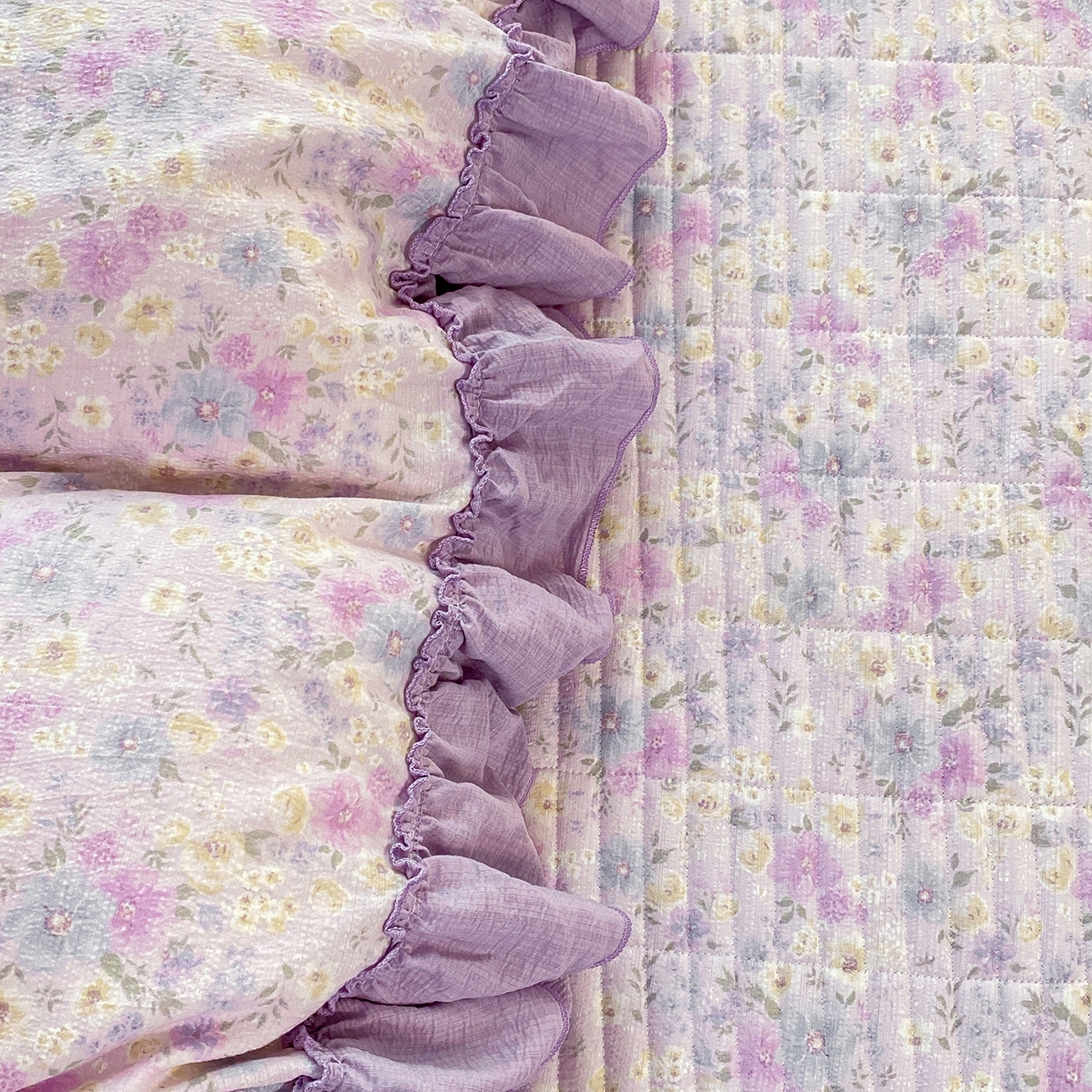 眠势力 2026新款韩版双层纱花边被套云感皱皱纱被罩带花边 紫雾花汀