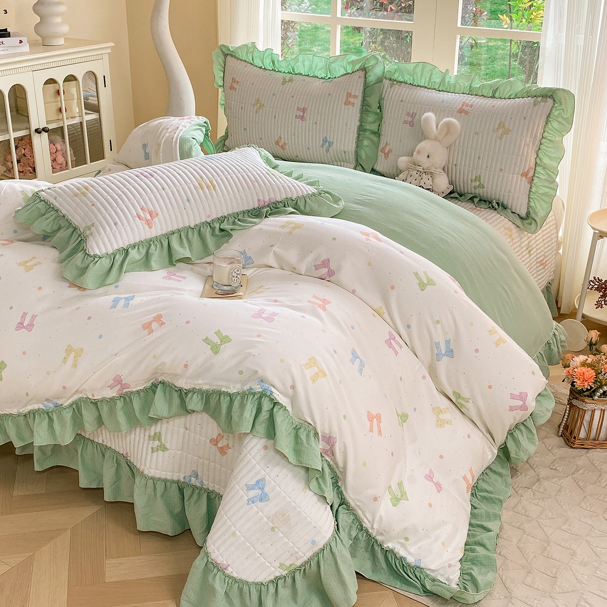 91家纺网 家纺一手货源 找家纺 眠势力 2026新款韩版双层纱花边被套云感皱皱纱被罩带花边 缤纷彩结