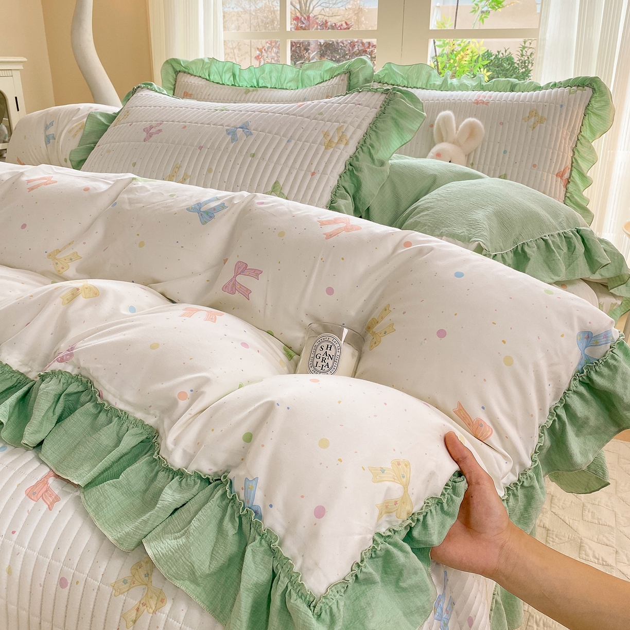 91家纺网 家纺一手货源 找家纺 眠势力 2026新款韩版双层纱花边被套云感皱皱纱被罩带花边 缤纷彩结