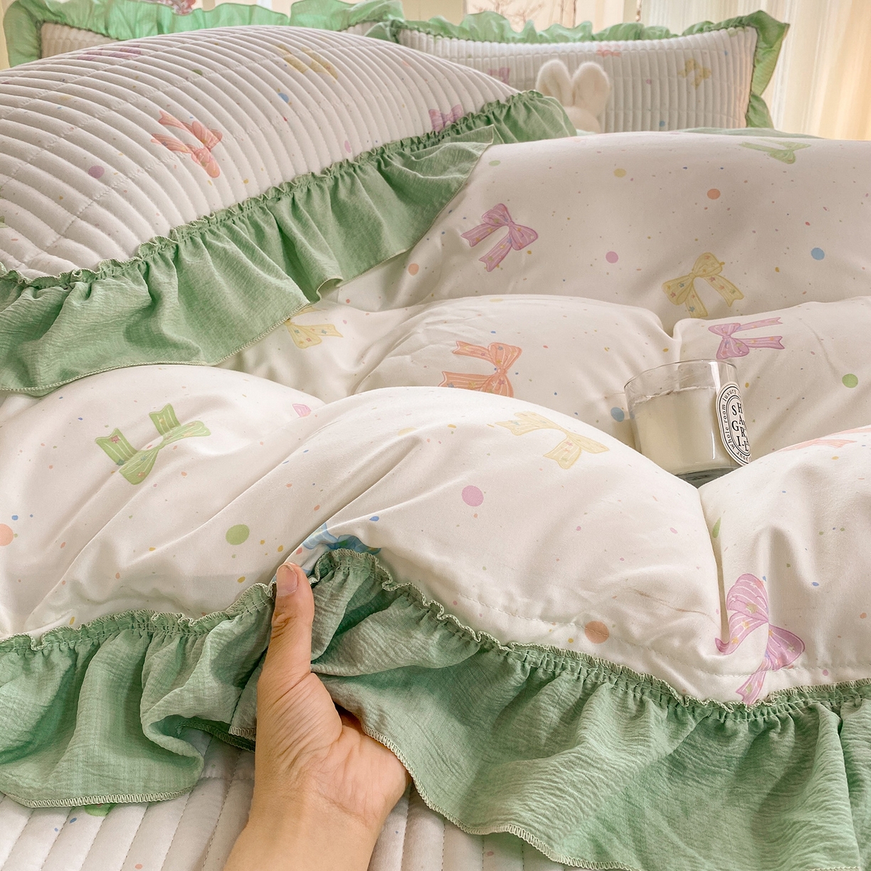 91家纺网 家纺一手货源 找家纺 眠势力 2026新款韩版双层纱花边被套云感皱皱纱被罩带花边 缤纷彩结