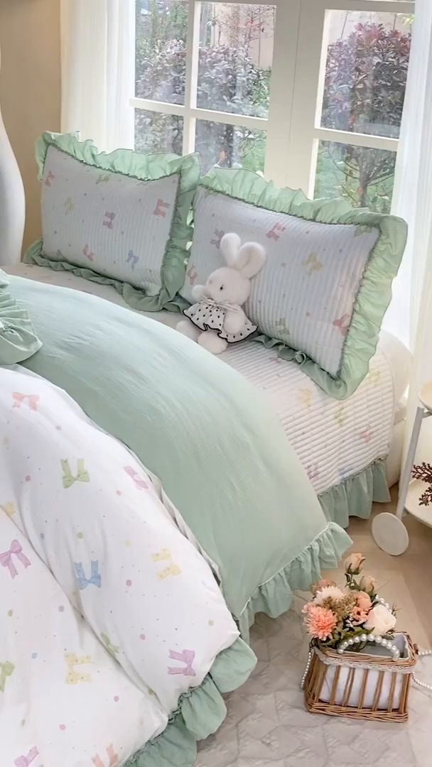 91家纺网 家纺一手货源 找家纺 眠势力 2026新款韩版双层纱花边被套云感皱皱纱被罩带花边 缤纷彩结