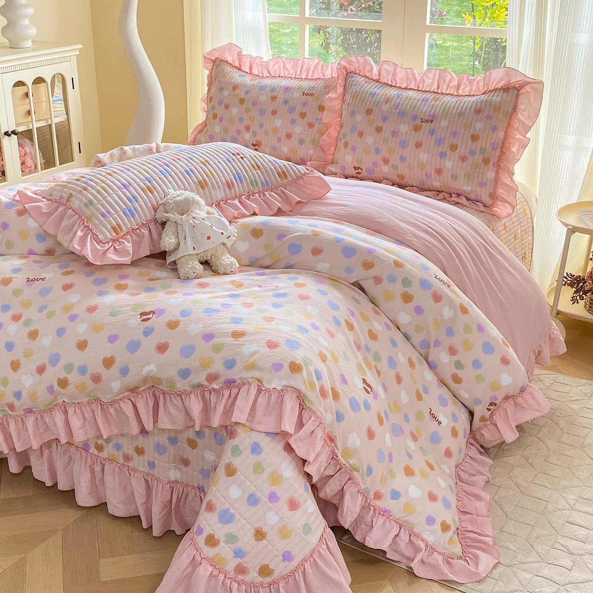 91家纺网 家纺一手货源 找家纺 眠势力 2026新款韩版双层纱花边被套云感皱皱纱被罩带花边 彩色心情