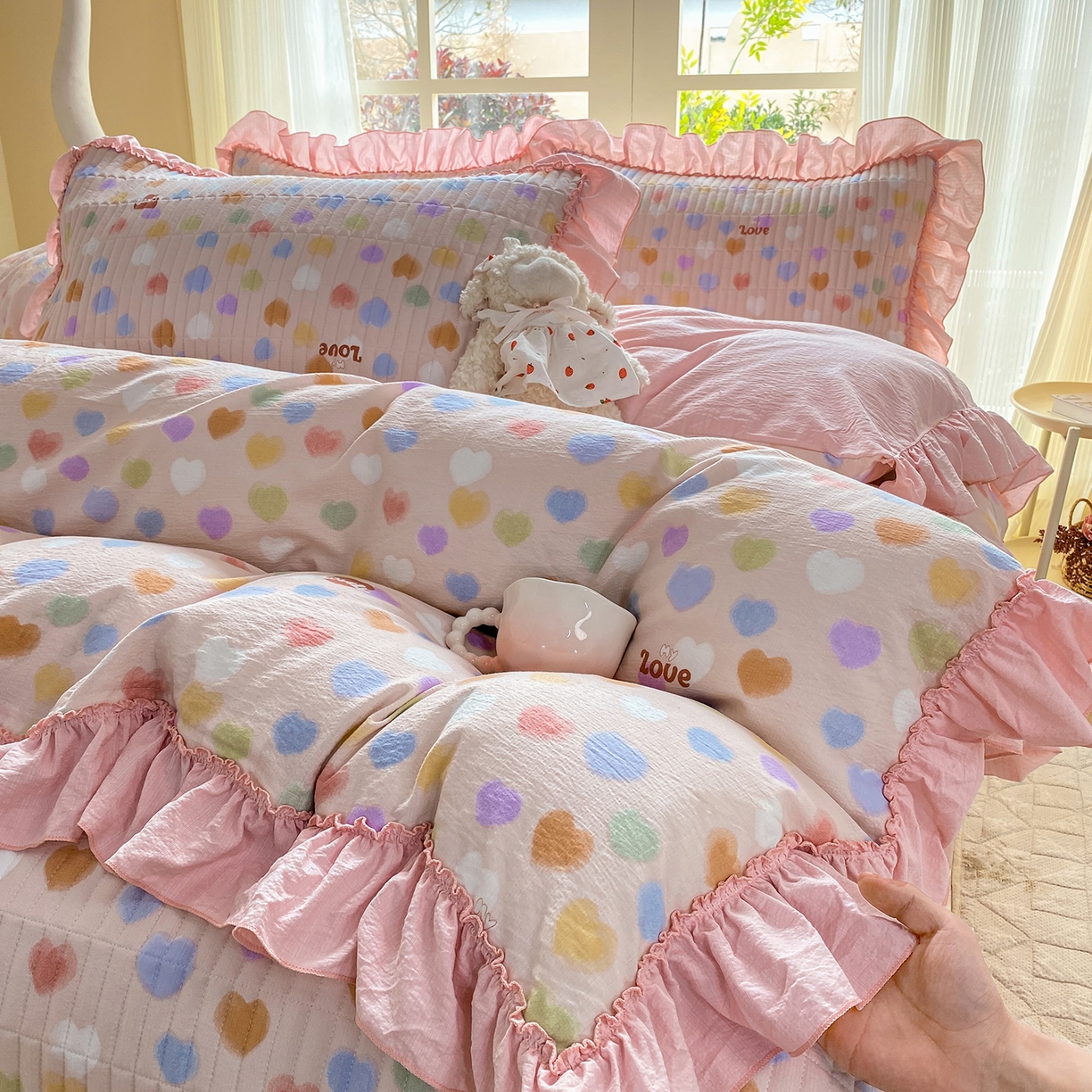 91家纺网 家纺一手货源 找家纺 眠势力 2026新款韩版双层纱花边被套云感皱皱纱被罩带花边 彩色心情