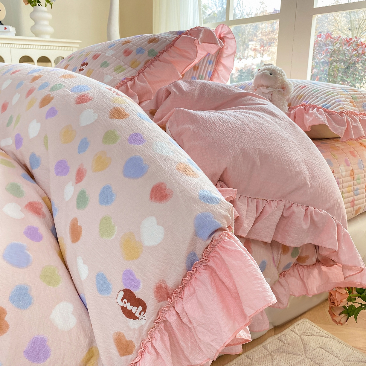 91家纺网 家纺一手货源 找家纺 眠势力 2026新款韩版双层纱花边被套云感皱皱纱被罩带花边 彩色心情