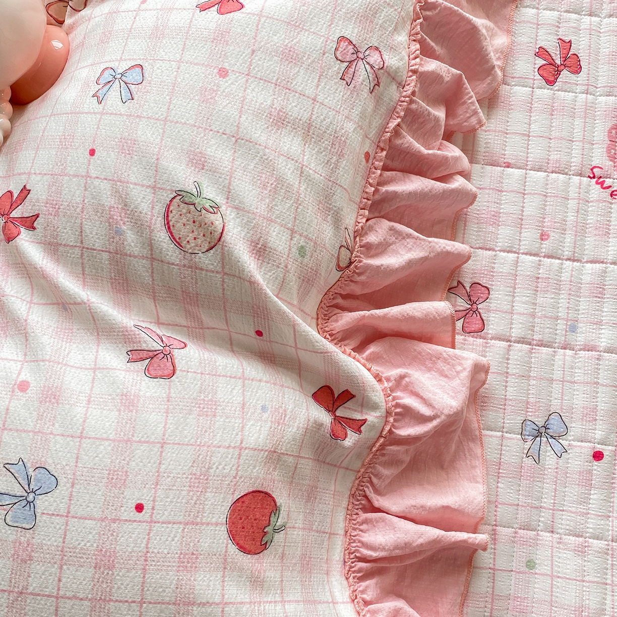 眠势力 2026新款韩版双层纱花边被套云感皱皱纱被罩带花边 草莓蝴蝶结