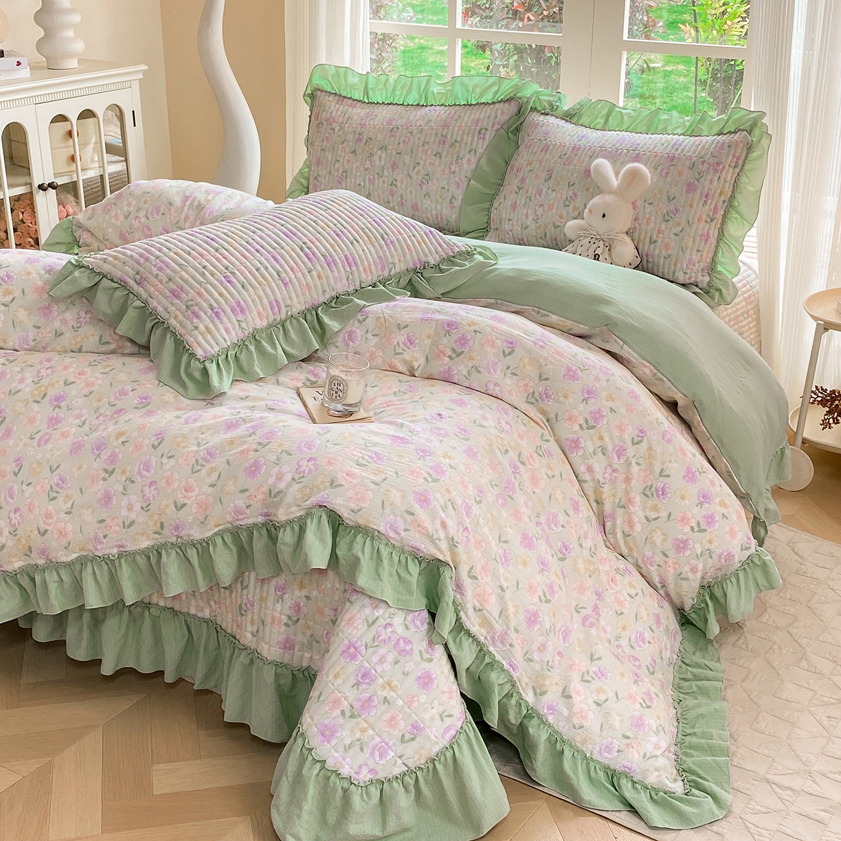 91家纺网 家纺一手货源 找家纺 眠势力 2026新款韩版双层纱花边被套云感皱皱纱被罩带花边 春野织梦