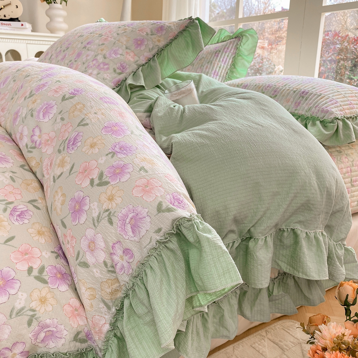 91家纺网 家纺一手货源 找家纺 眠势力 2026新款韩版双层纱花边被套云感皱皱纱被罩带花边 春野织梦