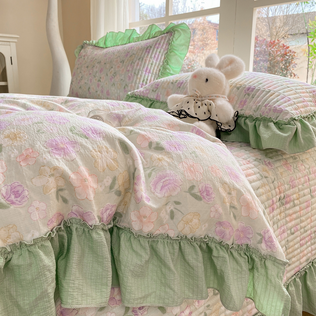 91家纺网 家纺一手货源 找家纺 眠势力 2026新款韩版双层纱花边被套云感皱皱纱被罩带花边 春野织梦