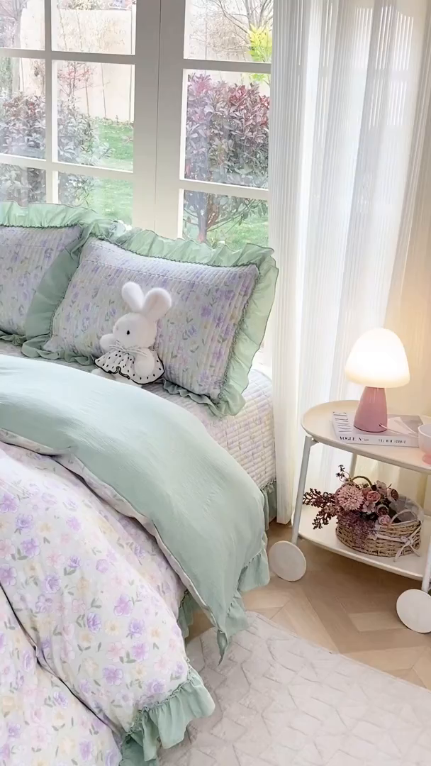 91家纺网 家纺一手货源 找家纺 眠势力 2026新款韩版双层纱花边被套云感皱皱纱被罩带花边 春野织梦