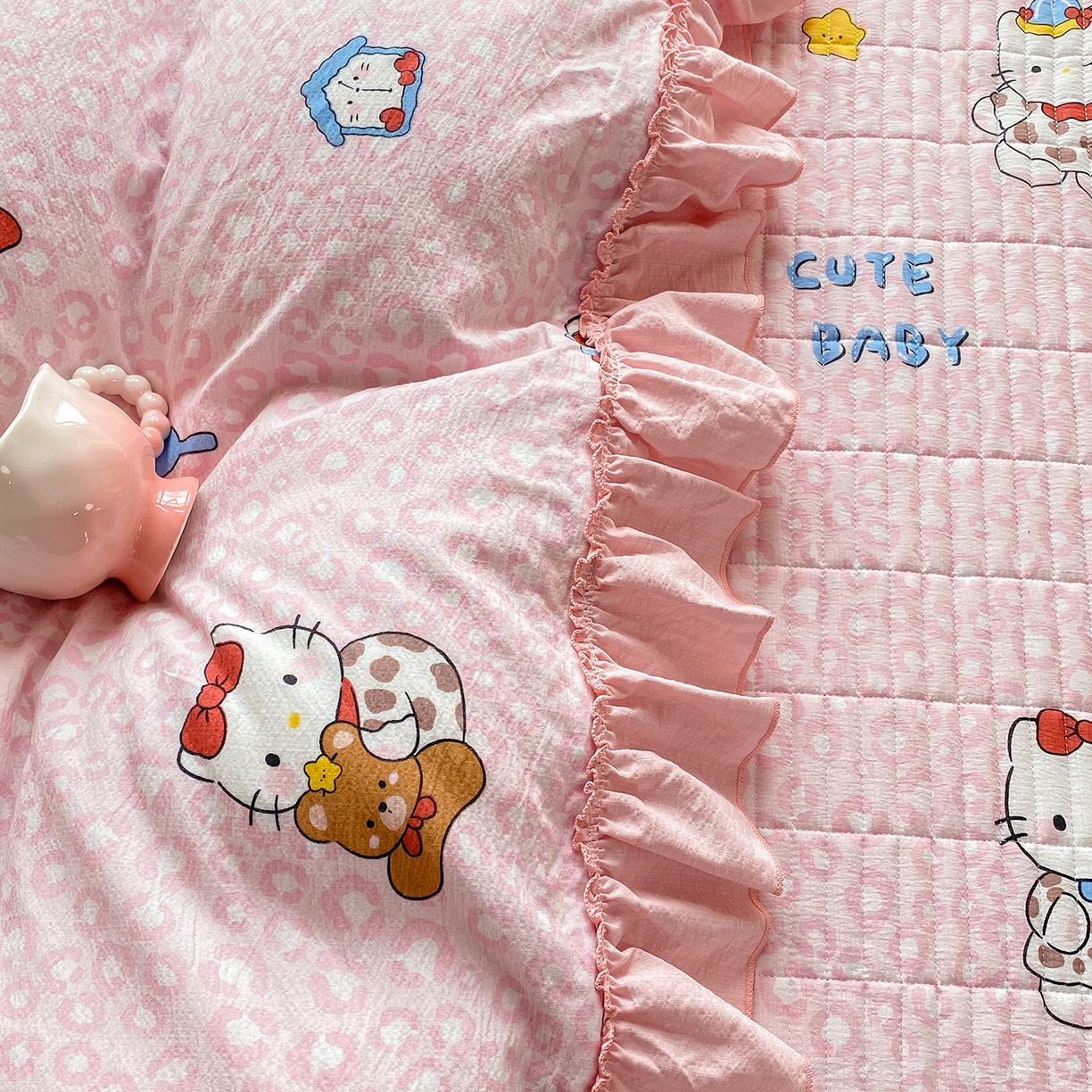 眠势力 2026新款韩版双层纱花边被套云感皱皱纱被罩带花边 哈喽猫咪