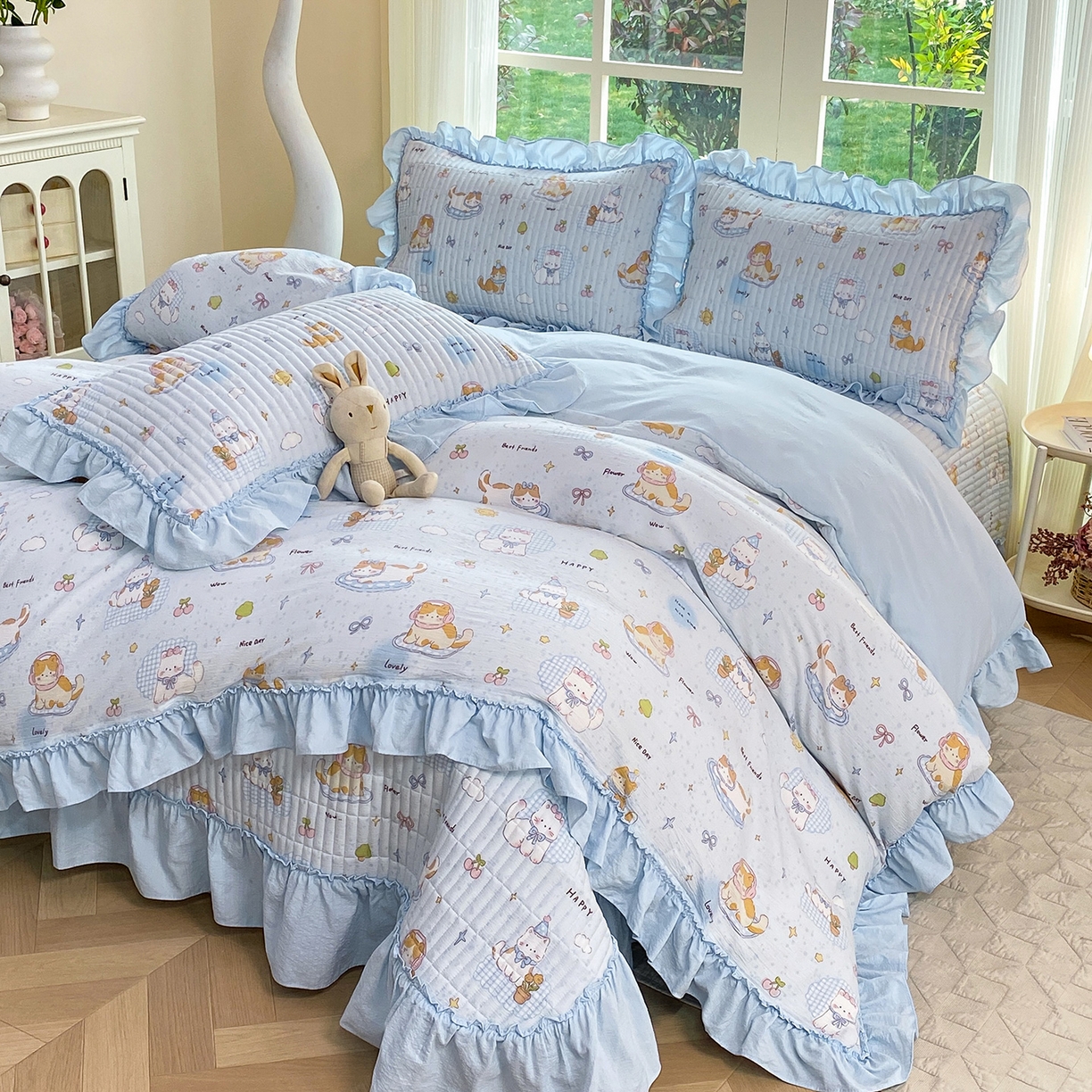 91家纺网 家纺一手货源 找家纺 眠势力 2026新款韩版双层纱花边被套云感皱皱纱被罩带花边 海盐奶猫