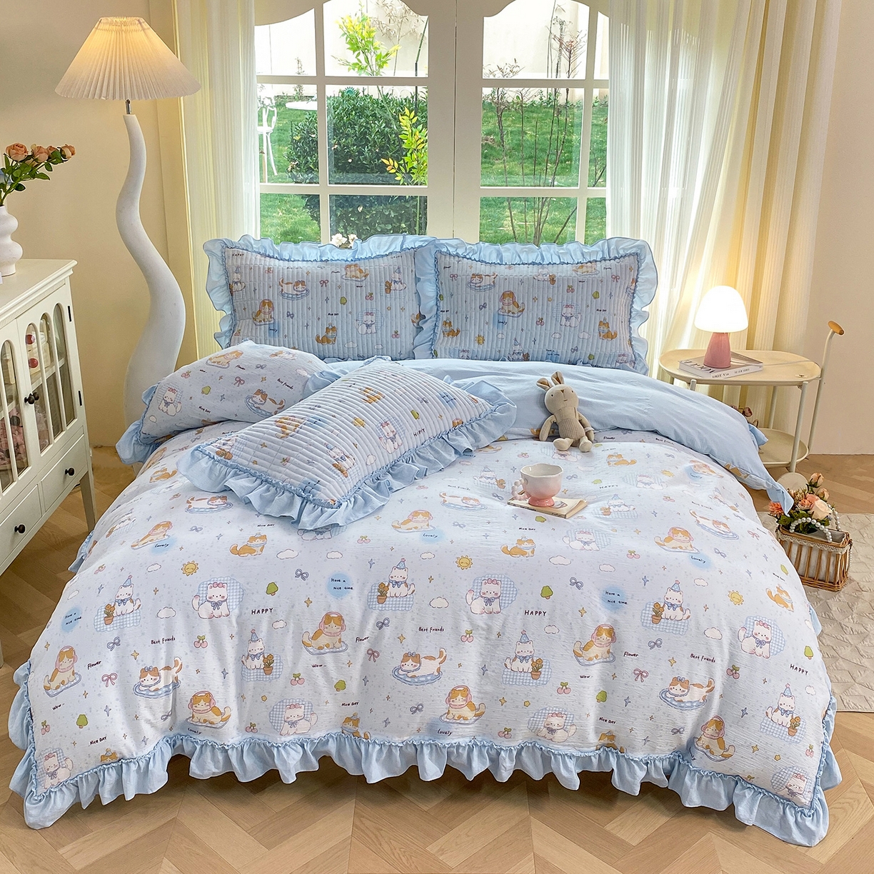 91家纺网 家纺一手货源 找家纺 眠势力 2026新款韩版双层纱花边被套云感皱皱纱被罩带花边 海盐奶猫