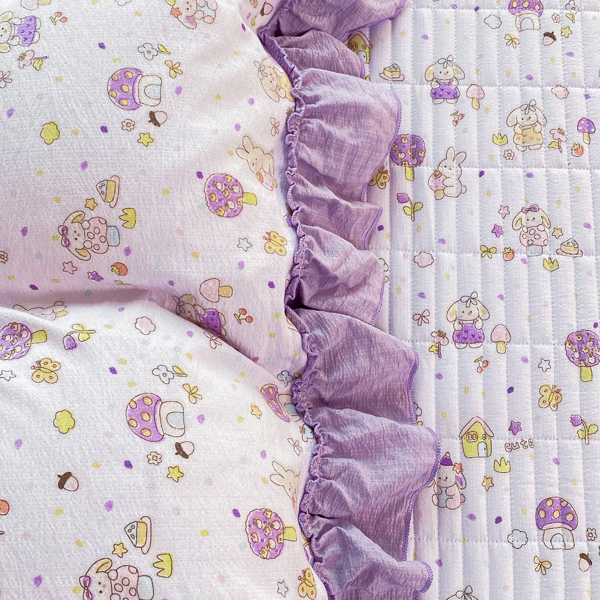 眠势力 2026新款韩版双层纱花边被套云感皱皱纱被罩带花边 萌兔乐园