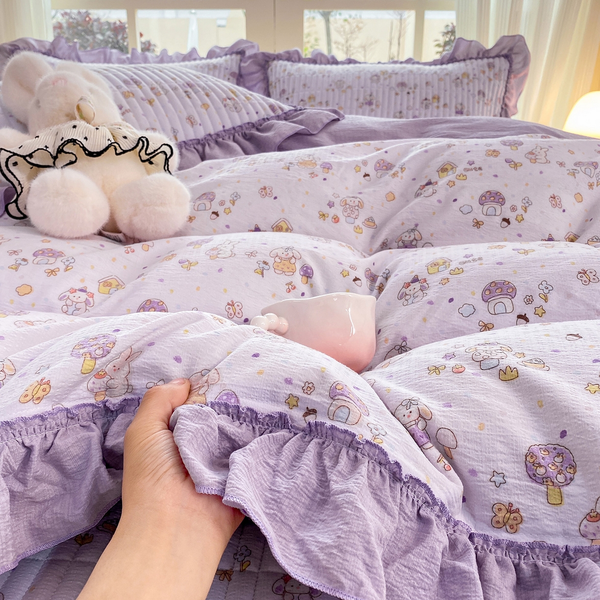 91家纺网 家纺一手货源 找家纺 眠势力 2026新款韩版双层纱花边被套云感皱皱纱被罩带花边 萌兔乐园