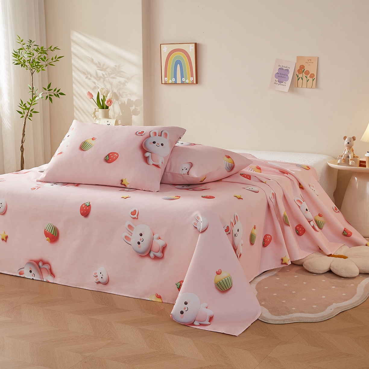 91家纺网 家纺一手货源 找家纺 家品罗兰 2026新款数码印花5D加厚老粗布床单单件双人家用特厚被单三件套学生宿舍床单凉席 粉甜兔宝