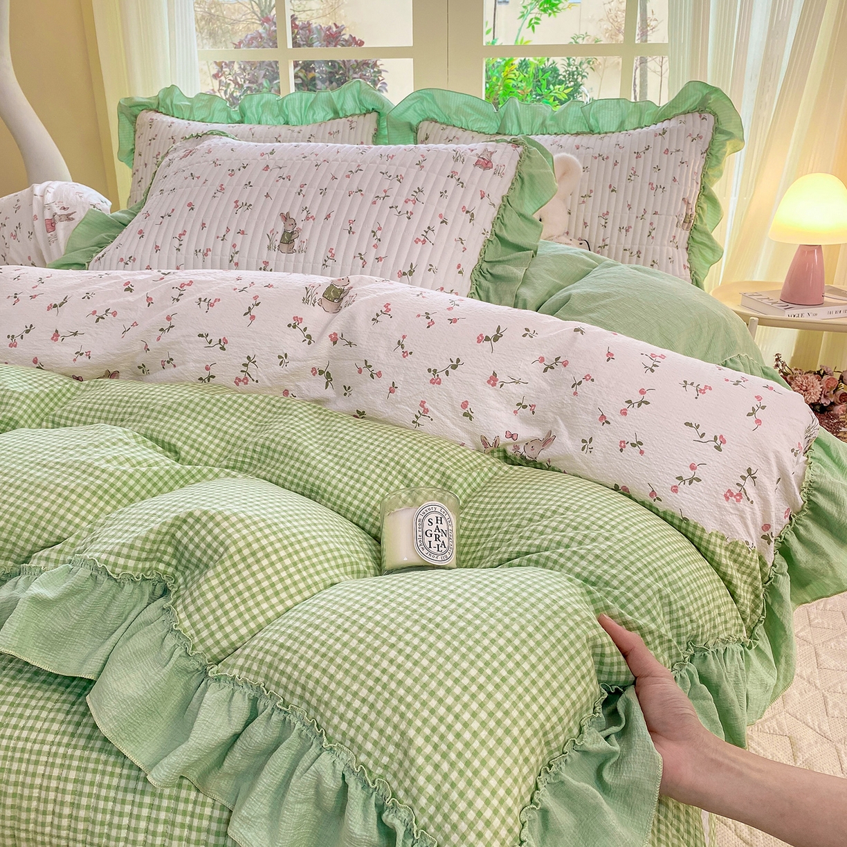 91家纺网 家纺一手货源 找家纺 眠势力 2026新款韩版双层纱花边被套云感皱皱纱被罩带花边 青樱兔语