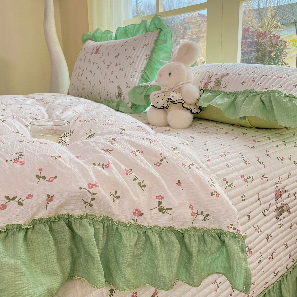 91家纺网 家纺一手货源 找家纺 眠势力 2026新款韩版双层纱花边被套云感皱皱纱被罩带花边 青樱兔语