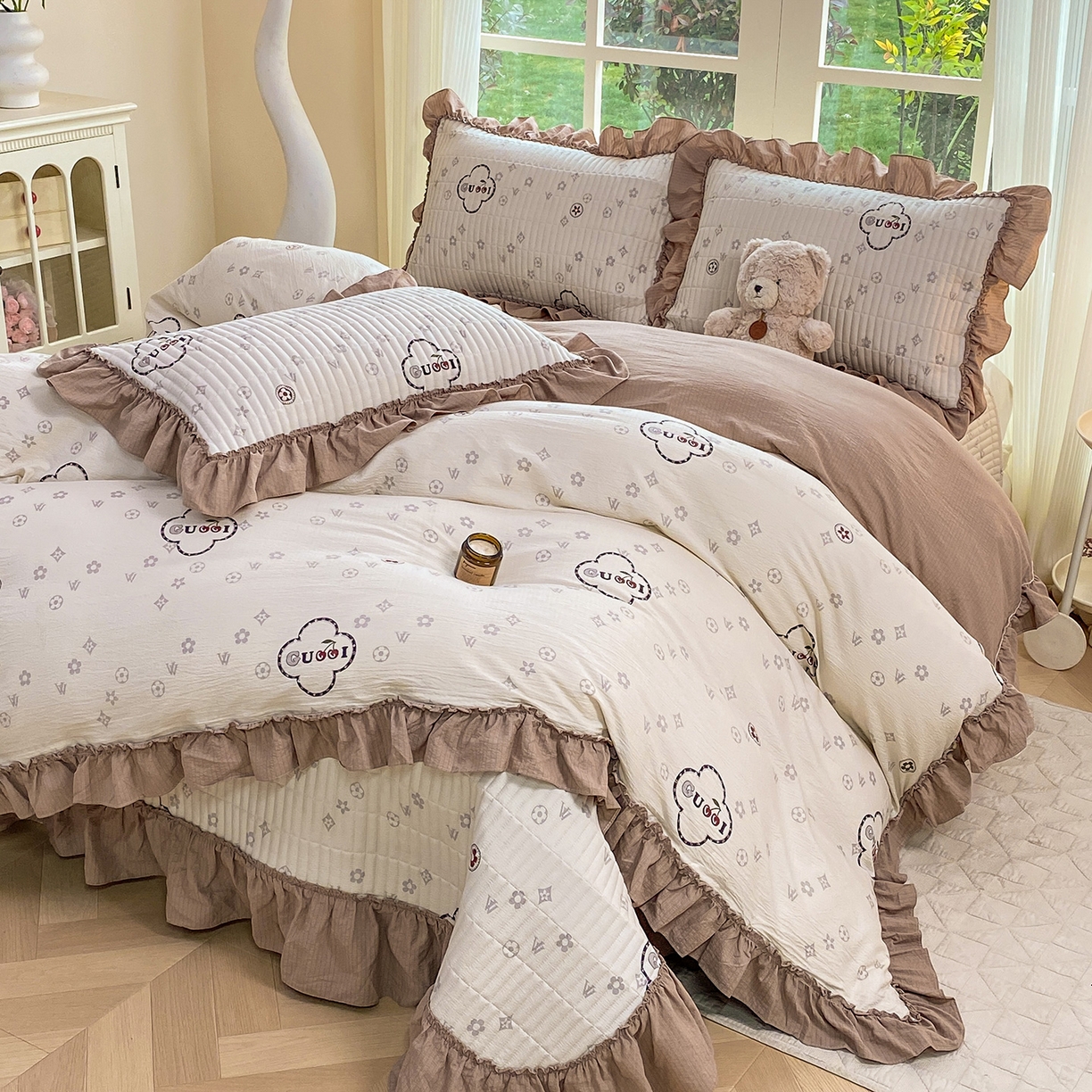 91家纺网 家纺一手货源 找家纺 眠势力 2026新款韩版双层纱花边被套云感皱皱纱被罩带花边 向云端