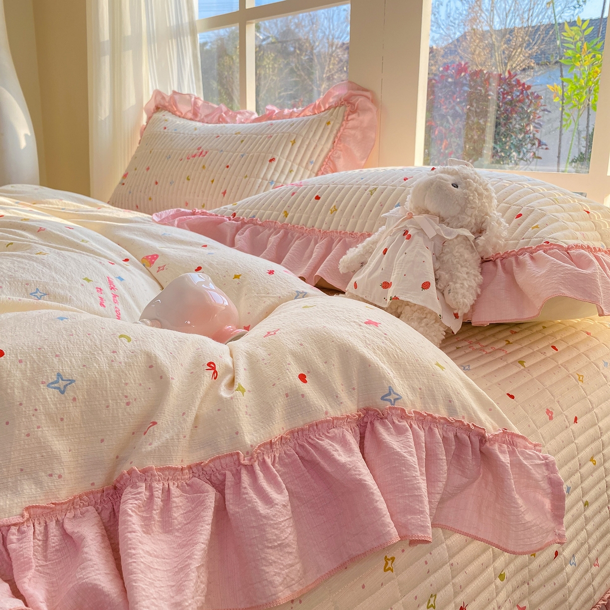 91家纺网 家纺一手货源 找家纺 眠势力 2026新款韩版双层纱花边被套云感皱皱纱被罩带花边 星梦甜心