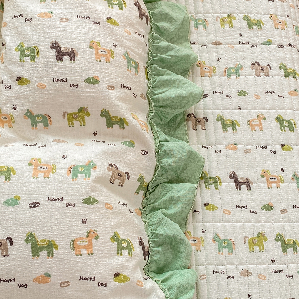 眠势力 2026新款韩版双层纱花边被套云感皱皱纱被罩带花边 幸运小马