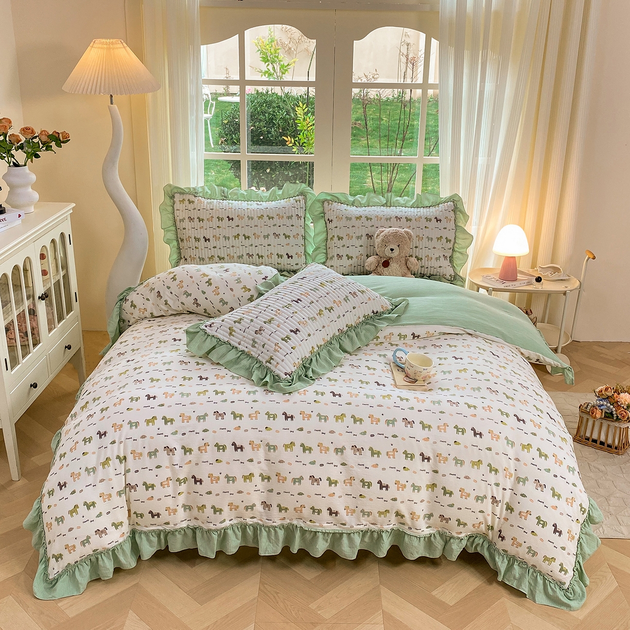 91家纺网 家纺一手货源 找家纺 眠势力 2026新款韩版双层纱花边被套云感皱皱纱被罩带花边 幸运小马