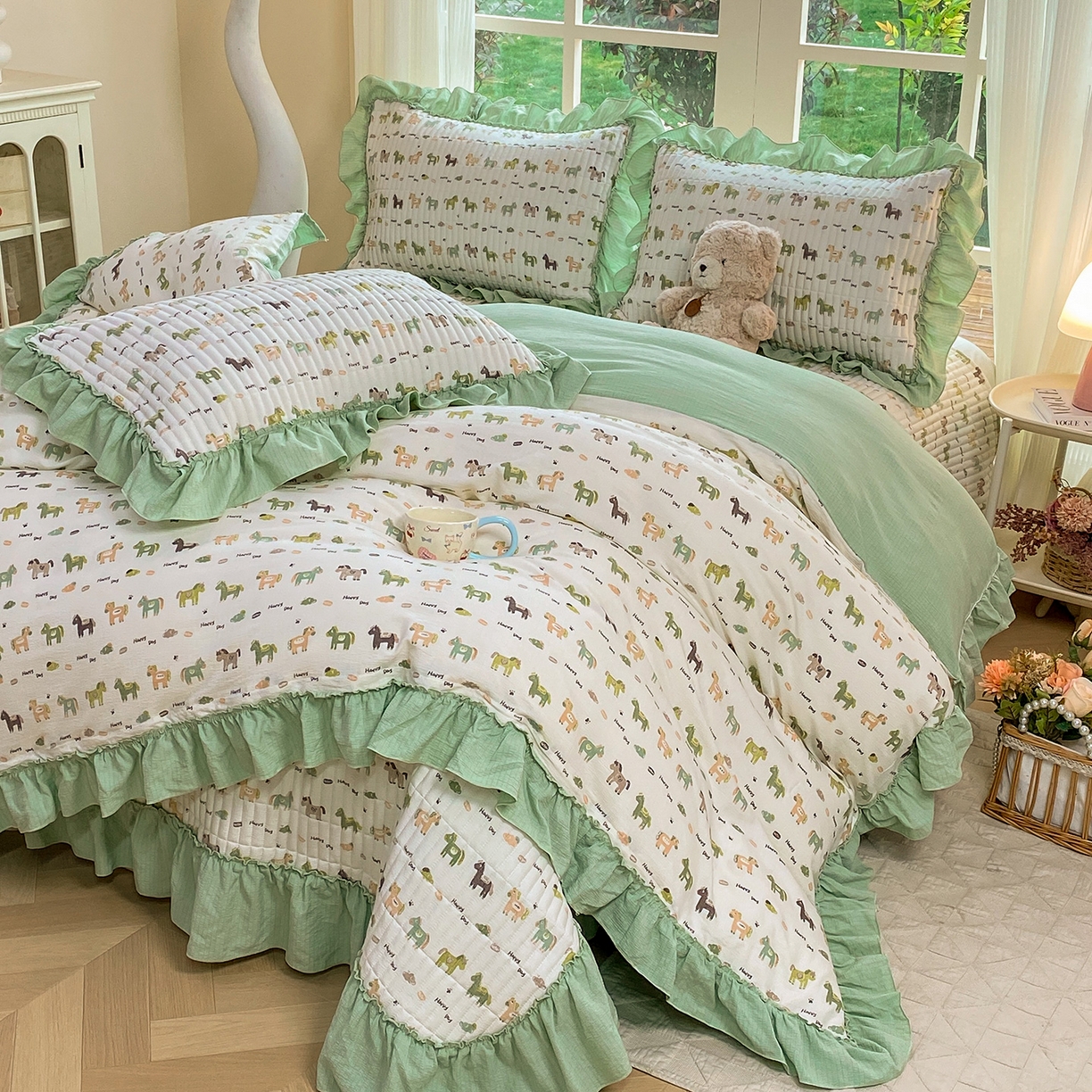 91家纺网 家纺一手货源 找家纺 眠势力 2026新款韩版双层纱花边被套云感皱皱纱被罩带花边 幸运小马