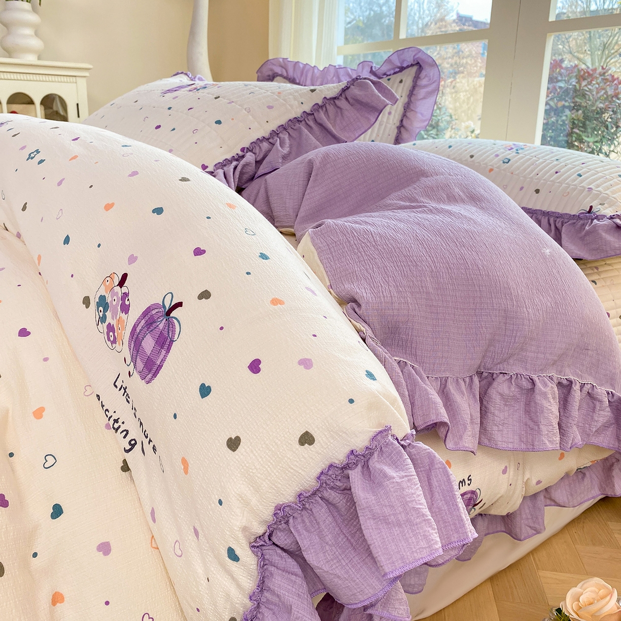 91家纺网 家纺一手货源 找家纺 眠势力 2026新款韩版双层纱花边被套云感皱皱纱被罩带花边 紫芋南瓜