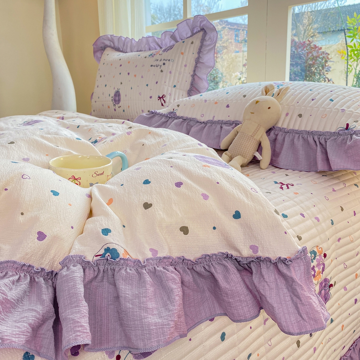 91家纺网 家纺一手货源 找家纺 眠势力 2026新款韩版双层纱花边被套云感皱皱纱被罩带花边 紫芋南瓜