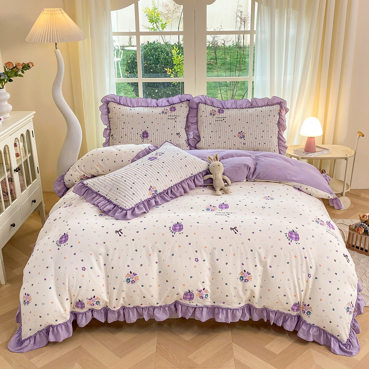 91家纺网 家纺一手货源 找家纺 眠势力 2026新款韩版双层纱花边被套云感皱皱纱被罩带花边 紫芋南瓜