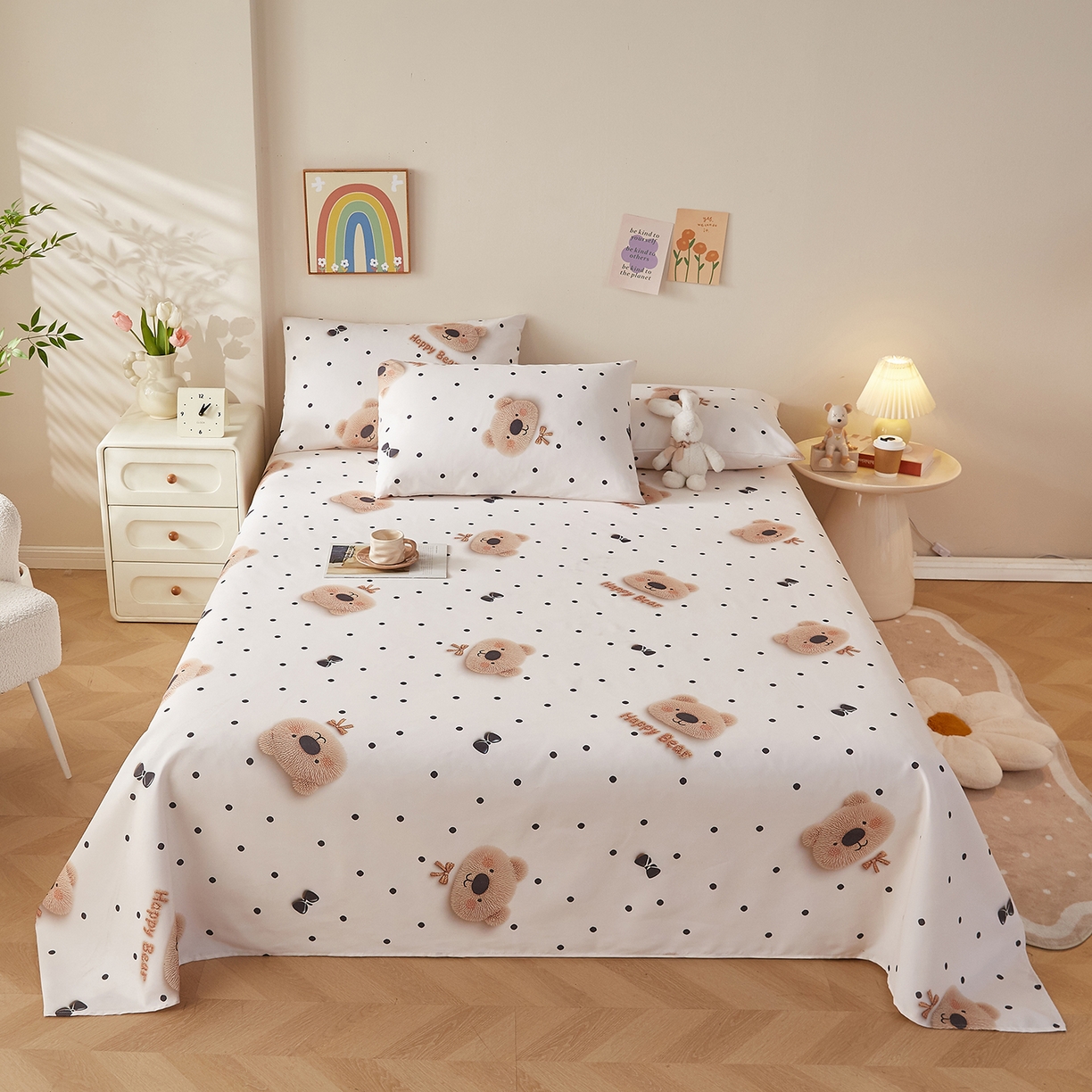 91家纺网 家纺一手货源 找家纺 家品罗兰 2026新款数码印花5D加厚老粗布床单单件双人家用特厚被单三件套学生宿舍床单凉席 欢乐熊