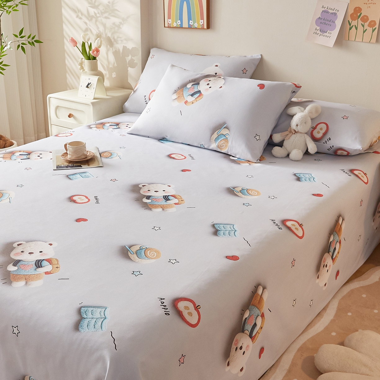 91家纺网 家纺一手货源 找家纺 家品罗兰 2026新款数码印花5D加厚老粗布床单单件双人家用特厚被单三件套学生宿舍床单凉席 学士熊