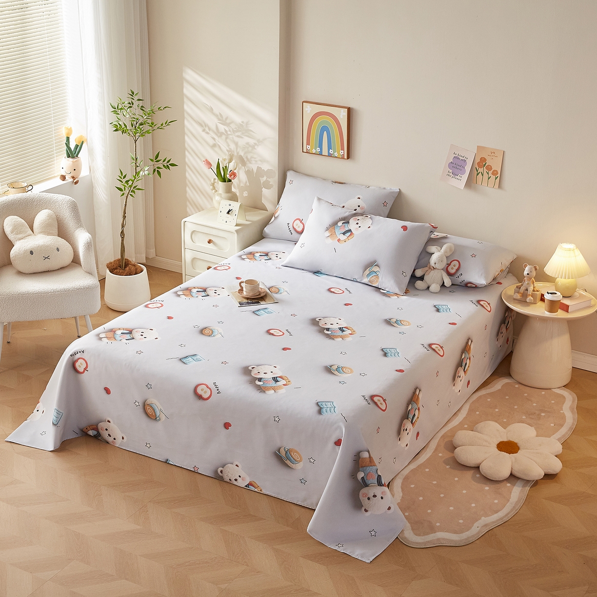 91家纺网 家纺一手货源 找家纺 家品罗兰 2026新款数码印花5D加厚老粗布床单单件双人家用特厚被单三件套学生宿舍床单凉席 学士熊