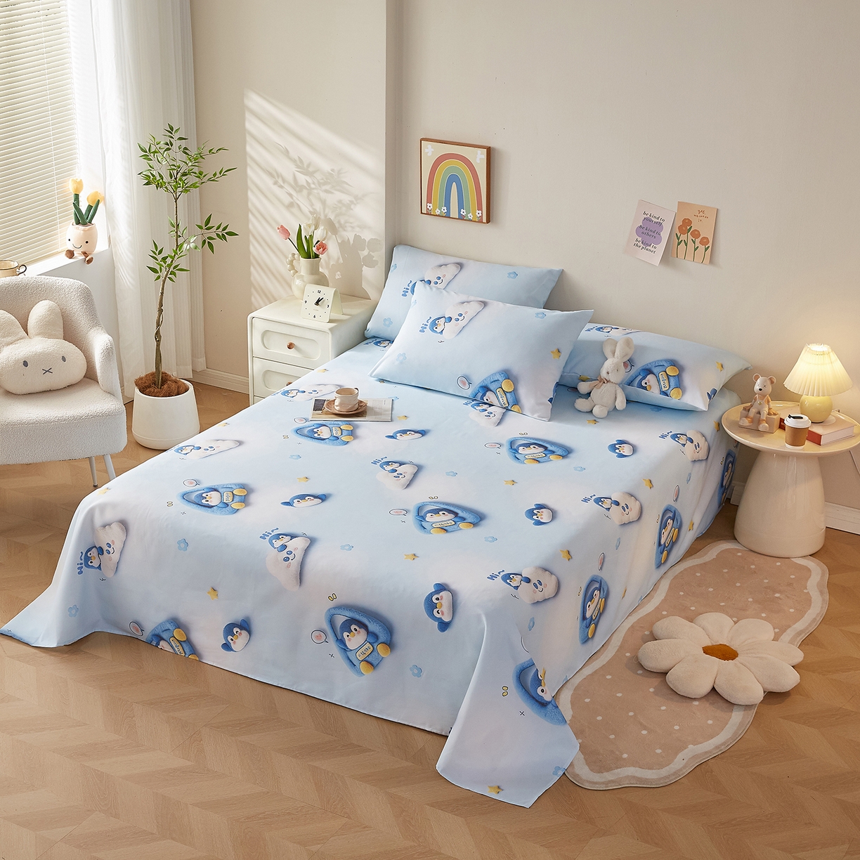 91家纺网 家纺一手货源 找家纺 家品罗兰 2026新款数码印花5D加厚老粗布床单单件双人家用特厚被单三件套学生宿舍床单凉席 星眠企鹅