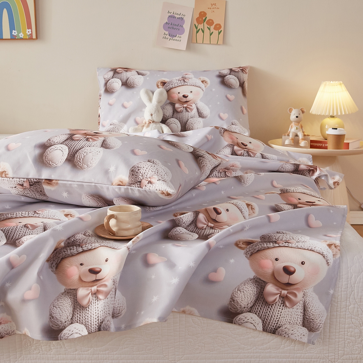 91家纺网 家纺一手货源 找家纺 家品罗兰 2026新款数码印花5D加厚老粗布床单单件双人家用特厚被单三件套学生宿舍床单凉席 哈尼熊