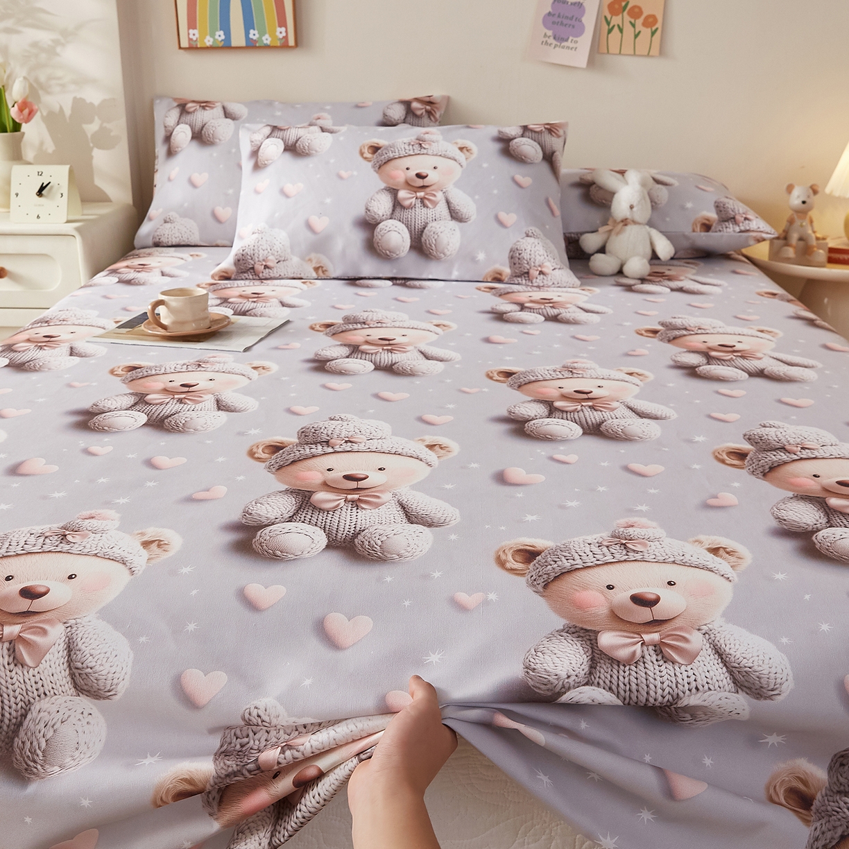 91家纺网 家纺一手货源 找家纺 家品罗兰 2026新款数码印花5D加厚老粗布床单单件双人家用特厚被单三件套学生宿舍床单凉席 哈尼熊