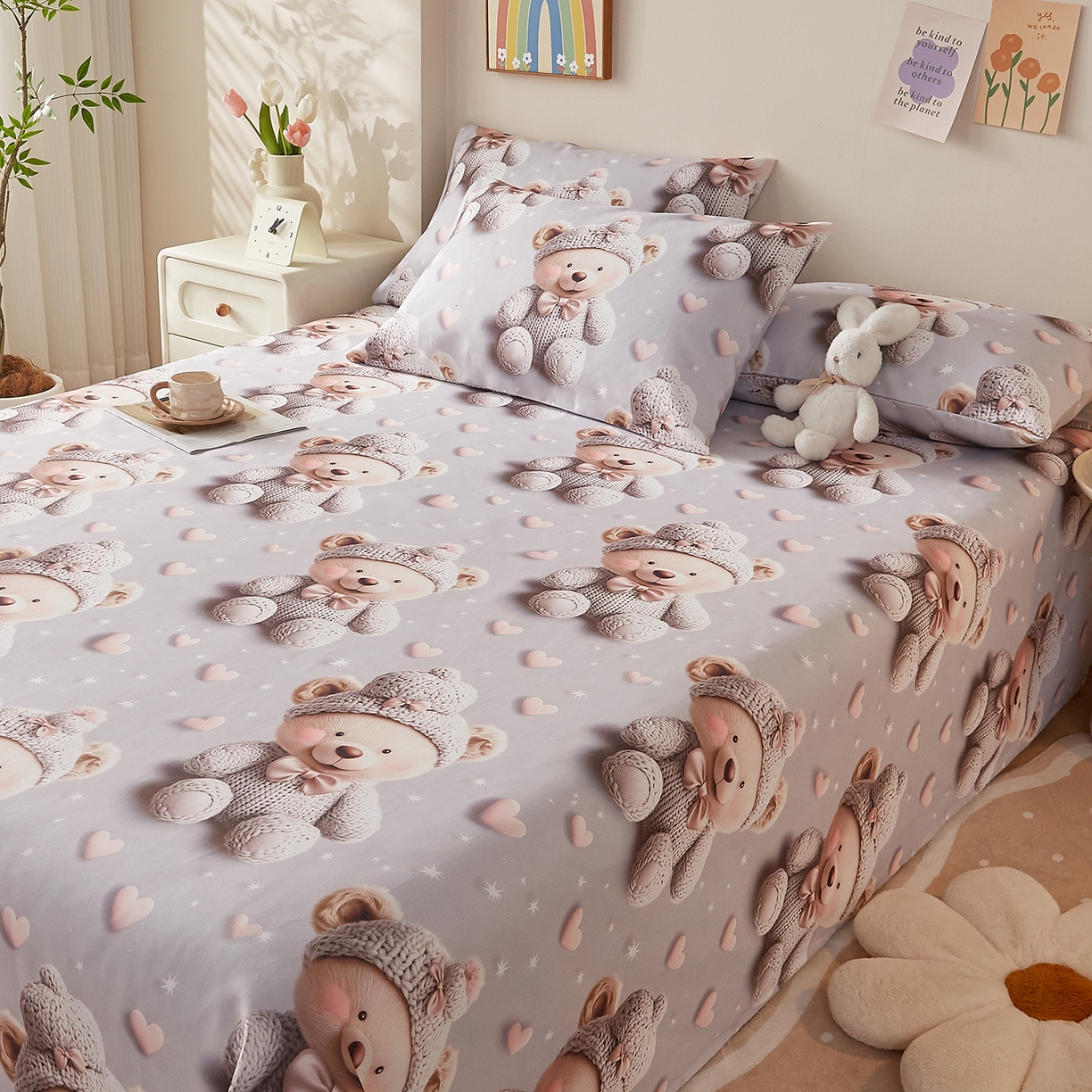 91家纺网 家纺一手货源 找家纺 家品罗兰 2026新款数码印花5D加厚老粗布床单单件双人家用特厚被单三件套学生宿舍床单凉席 哈尼熊