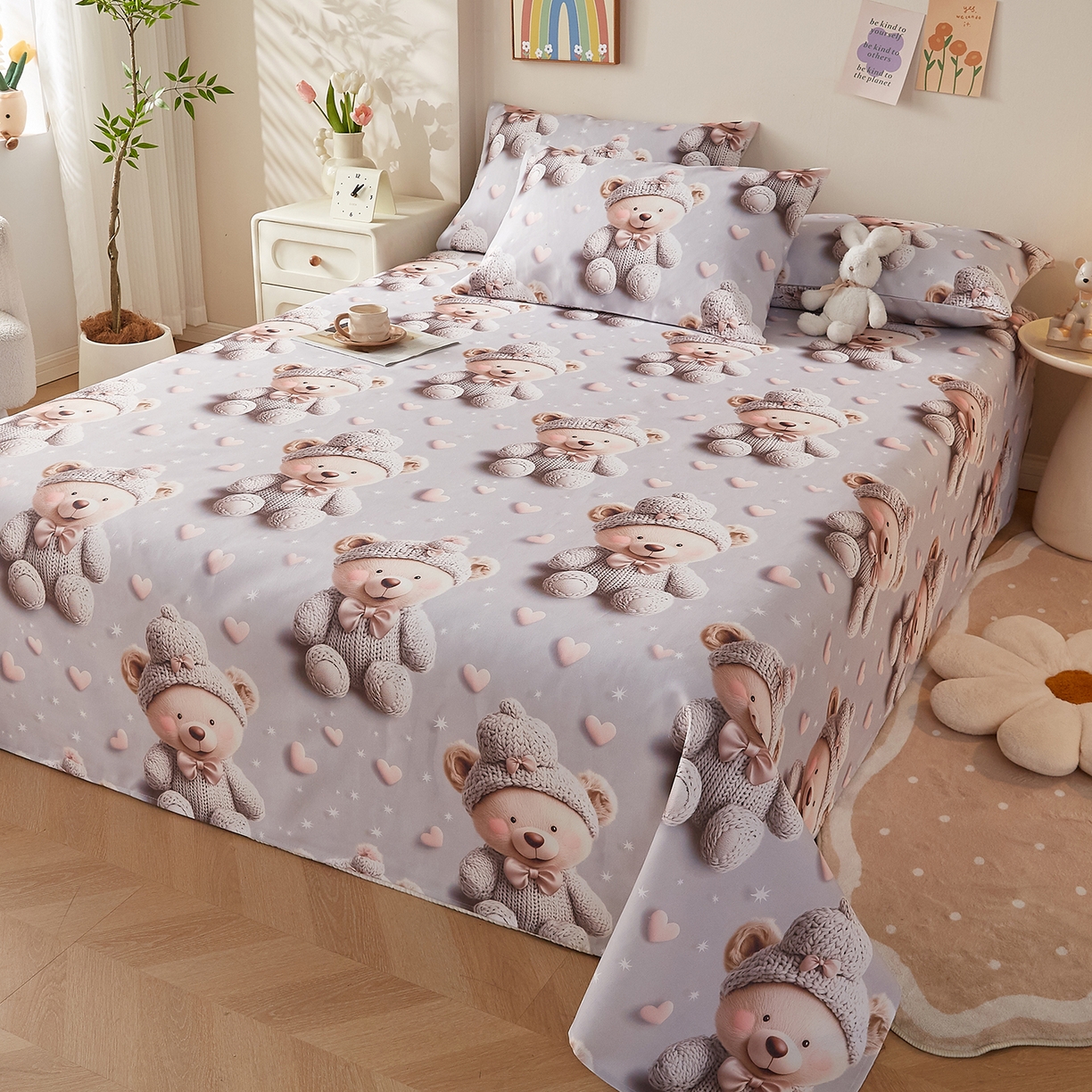 91家纺网 家纺一手货源 找家纺 家品罗兰 2026新款数码印花5D加厚老粗布床单单件双人家用特厚被单三件套学生宿舍床单凉席 哈尼熊