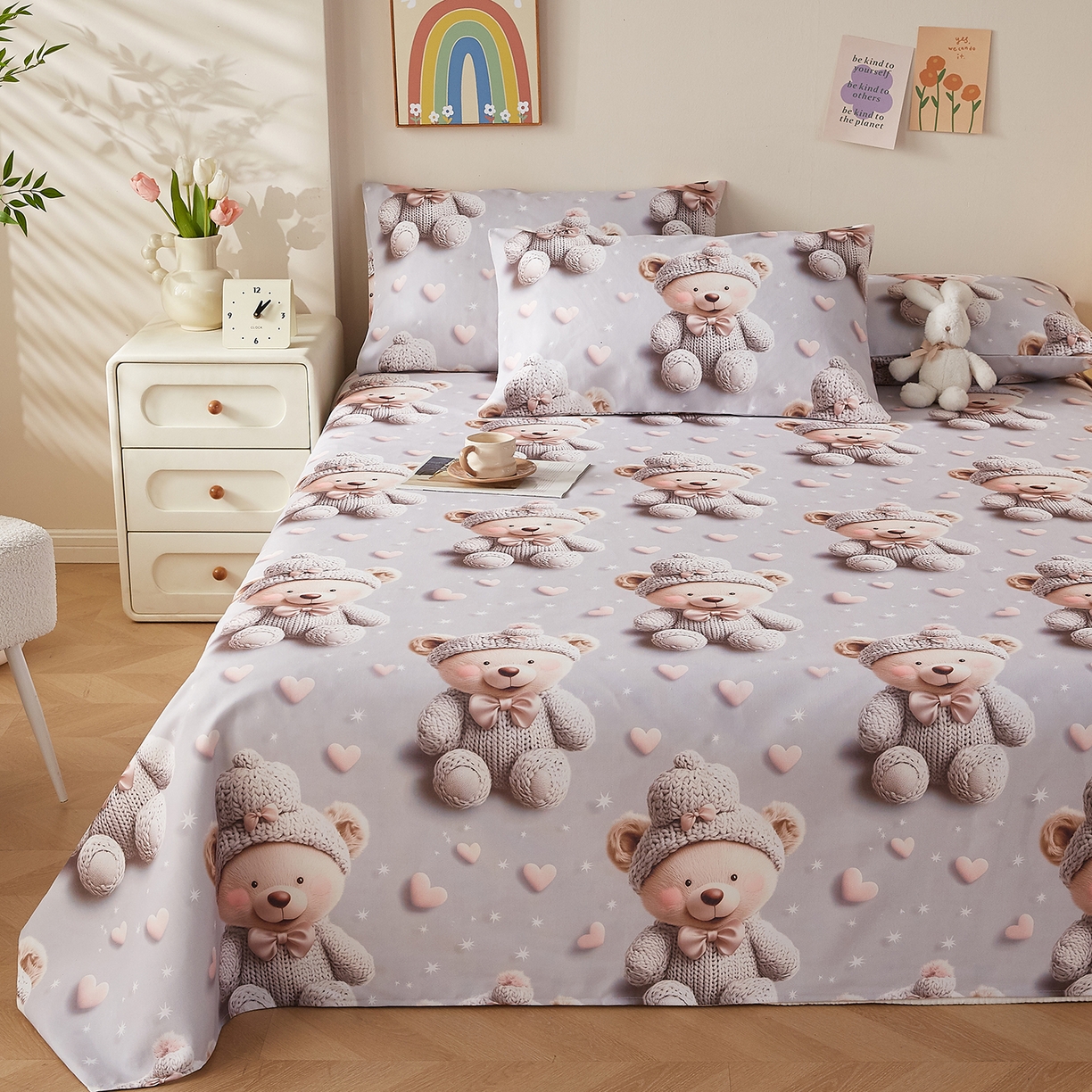 91家纺网 家纺一手货源 找家纺 家品罗兰 2026新款数码印花5D加厚老粗布床单单件双人家用特厚被单三件套学生宿舍床单凉席 哈尼熊