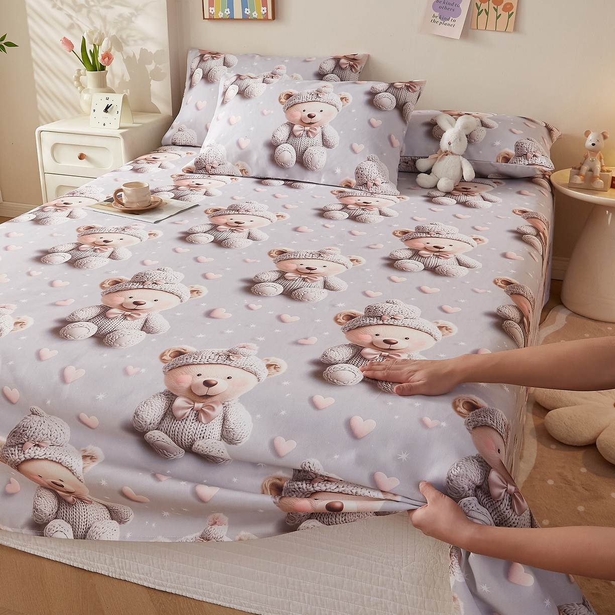 91家纺网 家纺一手货源 找家纺 家品罗兰 2026新款数码印花5D加厚老粗布床单单件双人家用特厚被单三件套学生宿舍床单凉席 哈尼熊