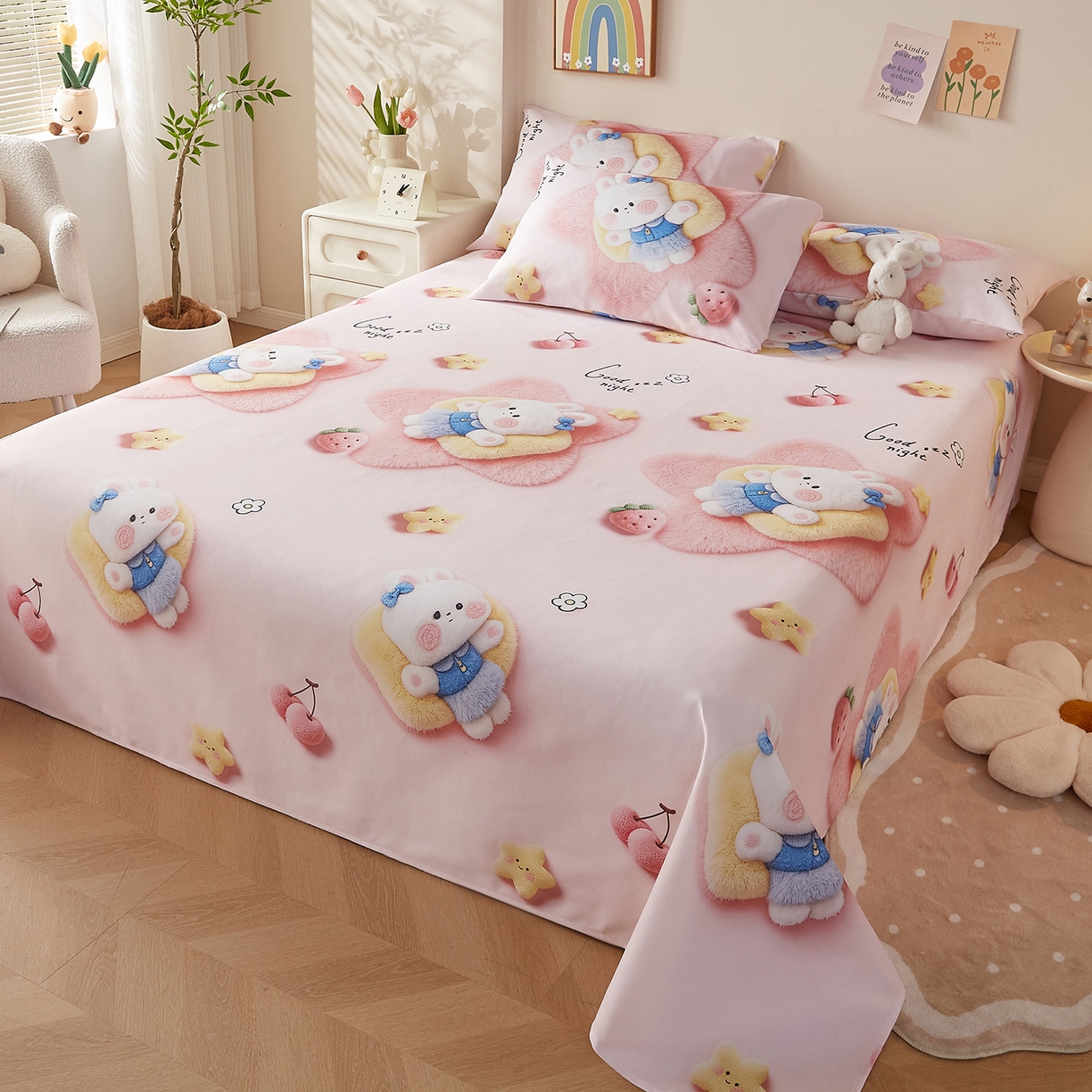 91家纺网 家纺一手货源 找家纺 家品罗兰 2026新款数码印花5D加厚老粗布床单单件双人家用特厚被单三件套学生宿舍床单凉席 甜心兔语