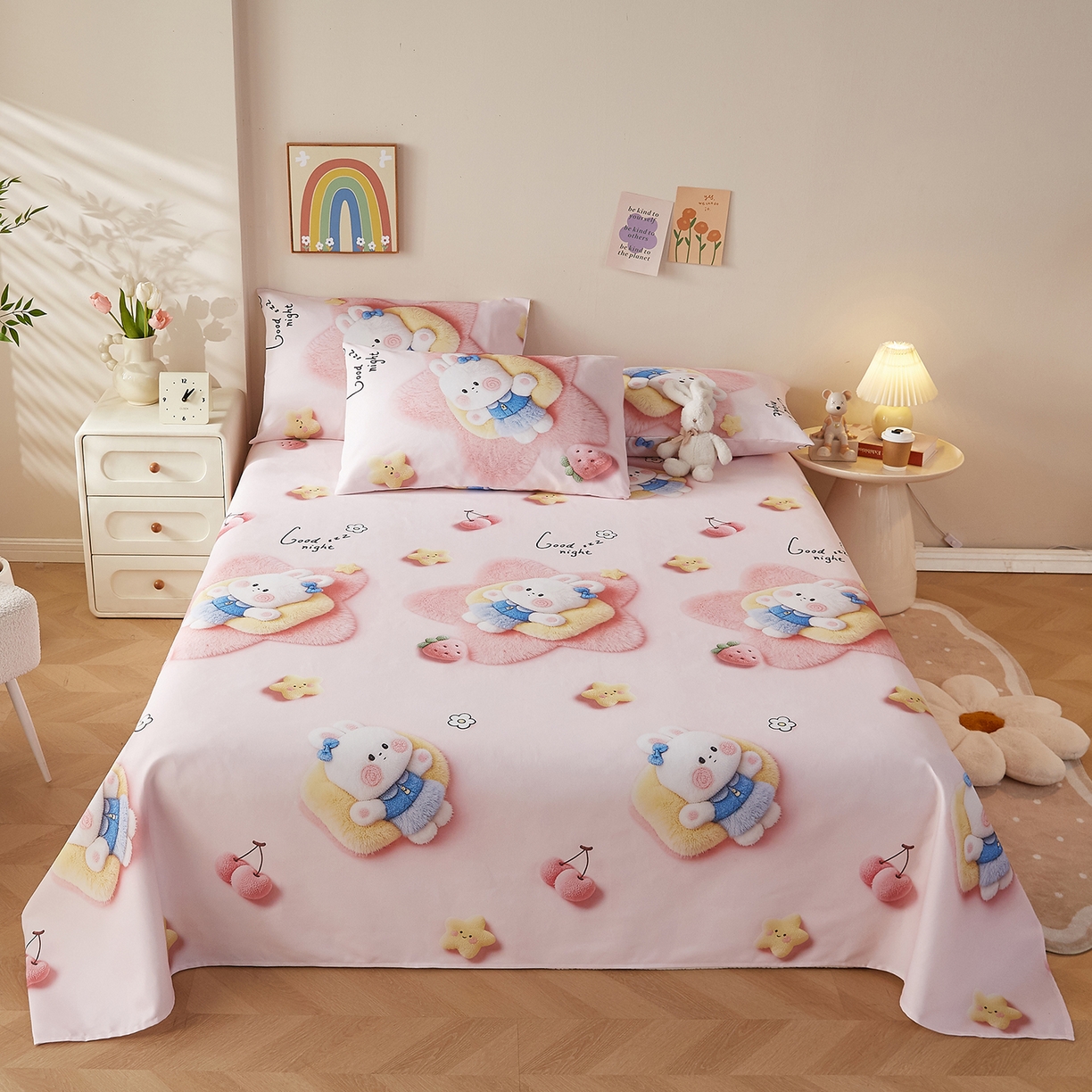 91家纺网 家纺一手货源 找家纺 家品罗兰 2026新款数码印花5D加厚老粗布床单单件双人家用特厚被单三件套学生宿舍床单凉席 甜心兔语