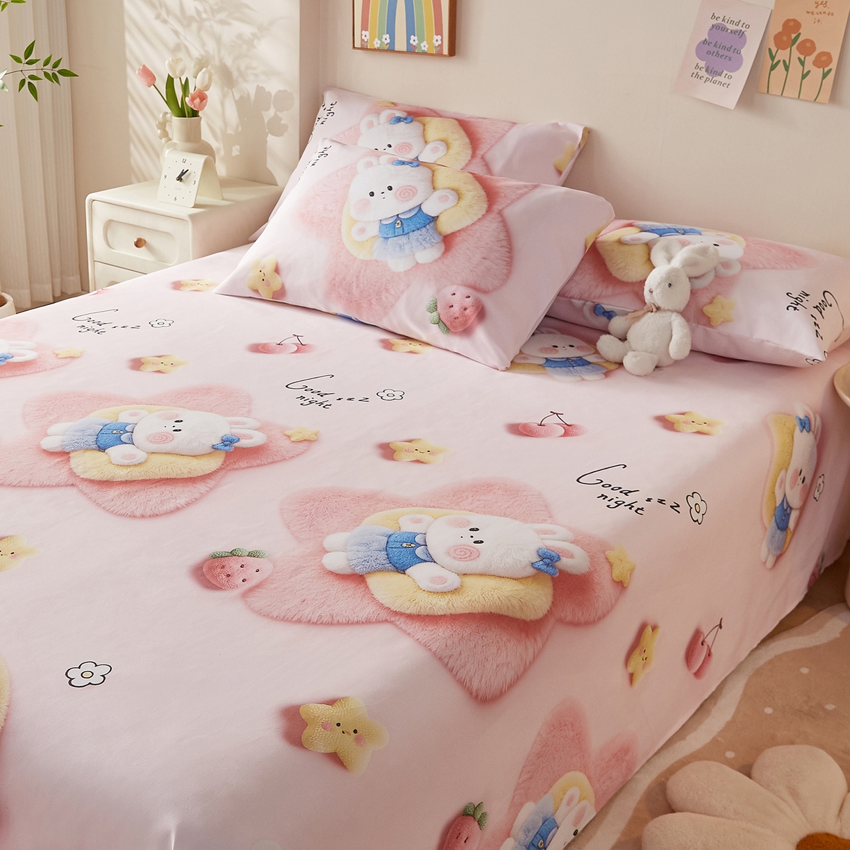 91家纺网 家纺一手货源 找家纺 家品罗兰 2026新款数码印花5D加厚老粗布床单单件双人家用特厚被单三件套学生宿舍床单凉席 甜心兔语